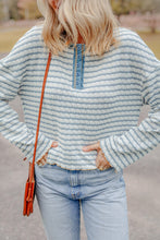 Load image into Gallery viewer, Sky Blue Stripe Textured Frilly Trim Buttons Henley Long Sleeve Top
