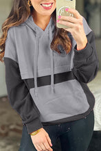 Load image into Gallery viewer, Gray Textured Color Block Kangaroo Pocket Drop Shoulder Hoodie
