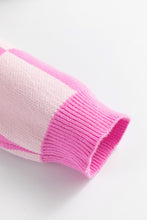 Load image into Gallery viewer, Pink Checkerboard Half Button Collared Drop Shoulder Sweater
