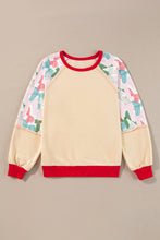 Load image into Gallery viewer, Beige Bowknot Printed Patchwork Raglan Sleeve Colorblock Edge Top
