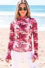 Load image into Gallery viewer, Rose Floral Mesh Flounce Sleeve Mock Neck Blouse
