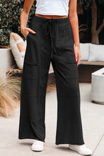 Load image into Gallery viewer, Black Mineral Wash Exposed Seam Drawstring Elastic Waistband Wide Leg Cargo Pants
