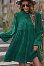 Load image into Gallery viewer, Green Puff Sleeve Mock Neck Back Knot Tiered Dress
