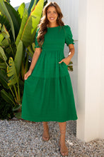Load image into Gallery viewer, Dark Green Solid Textured Smocked Puff Short Sleeve High Waist Long Dress
