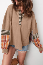 Load image into Gallery viewer, Straw Yellow Waffle Stripe Plaid Patchwork Henley Knit Top
