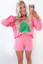 Load image into Gallery viewer, Sachet Pink Plaid Contrasted Double Christmas Tree Patched Raglan Sleeve Pullover 2pcs Short Set
