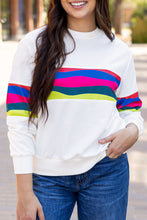Load image into Gallery viewer, White Colorful Striped Accent Long Sleeve T Shirt
