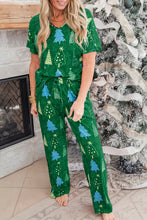 Load image into Gallery viewer, Green Christmas Tree Print V Neck Tee and Pants Lounge Set

