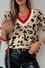 Load image into Gallery viewer, Khaki Leopard Pattern V-Neck Contrast Rib Knitted Sweater

