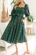 Load image into Gallery viewer, Green Tartan Plaid Square Neck Puff Sleeve Knot Waist Flared Midi Dress
