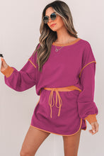 Load image into Gallery viewer, Rose Red Color Contrast Loose Pullover and Lace-up Waist Skort Set
