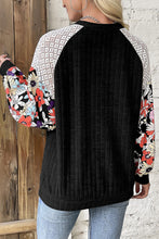 Load image into Gallery viewer, Black Floral Patchwork Long Sleeve Ribbed Blouse
