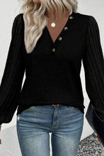 Load image into Gallery viewer, Black Buttoned V Neck Ribbed Puff Sleeve Top
