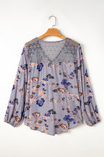 Load image into Gallery viewer, Sky Blue Floral Print Lace Patchwork Knot Front V Neck Blouse

