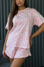 Load image into Gallery viewer, Pink Leopard Print Crew Neck Tee and Ruffled Shorts 2 Lounge Set

