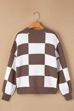 Load image into Gallery viewer, Dark Brown Checkered Bishop Sleeve Sweater
