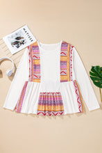 Load image into Gallery viewer, White Western Aztec Print Patchwork Ruffled Tunic Long Sleeve Babydoll Top
