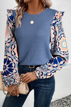 Load image into Gallery viewer, Ashleigh Blue Ruffled Floral Sleeve Patchwork Waffle Knit O Neck Blouse
