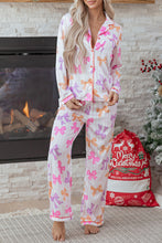 Load image into Gallery viewer, Pink Striped Bow Print Contrast Piping Trim Shirt and Pants 2pcs Pajama Set

