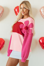 Load image into Gallery viewer, Pink Floral Patch Color Block Striped Sleeve Textured Top
