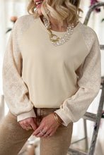 Load image into Gallery viewer, Parchment Eyelet Knit Patchwork Raglan Sleeve Pullover Top
