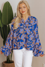 Load image into Gallery viewer, Blue Floral Print Batwing Sleeve Buttoned Loose Fit Shirt
