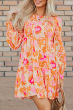 Load image into Gallery viewer, Orange Abstract Print Smocked Lantern Sleeve Ruffle Mini Dress
