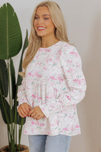 Load image into Gallery viewer, Pink Floral Print Shirred Balloon Sleeve Keyhole Back Babydoll Blouse
