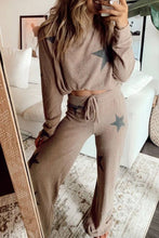 Load image into Gallery viewer, Khaki Retro Star Print Loose Long Sleeve Drawstring Wide Leg 2pcs Lounge Set
