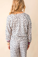 Load image into Gallery viewer, Gray V Neck Leopard Long Sleeve Top Striped Webbing Patchwork Drawstring Pant Set
