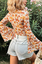 Load image into Gallery viewer, Orange Floral Printed Bell Sleeve Mock Neck Scallop Trim Blouse
