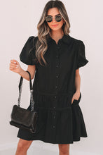 Load image into Gallery viewer, Black Shirt Style Button Down Puff Sleeve Ruffle Hem Dress
