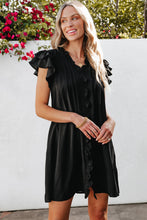 Load image into Gallery viewer, Black Ruffle Sleeve V Neck Frilled Shift Dress
