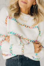 Load image into Gallery viewer, White Colorful Crossed Stitch Drop Shoulder Sweater
