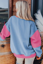 Load image into Gallery viewer, Bright Pink Colorblock Patchwork Drop Shoulder Sweatshirt
