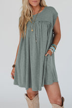 Load image into Gallery viewer, Mist Green Frilled Gathered Seam Round Neck T Shirt Dress
