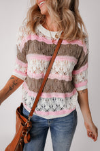 Load image into Gallery viewer, Brown Stripe Color Block Hollow Out Crochet Half Sleeve Sweater
