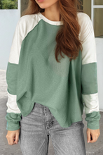 Load image into Gallery viewer, Mint Green Ribbed Colorblock Patchwork Raglan Long Sleeve Top
