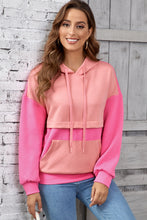Load image into Gallery viewer, Pink Textured Color Block Kangaroo Pocket Drop Shoulder Hoodie
