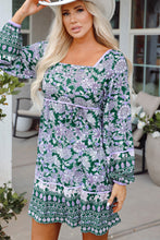 Load image into Gallery viewer, Green Floral Print Piping Trim Bubble Sleeve Square Neck Dress
