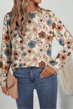 Load image into Gallery viewer, Khaki Floral Print Loose Crew Neck Long Sleeve T Shirt
