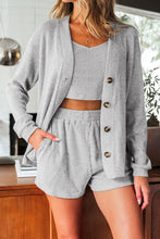 Load image into Gallery viewer, Light Grey 3 Pieces Rib Crop Camisole Matching Shorts Lounge Set with Cardigan
