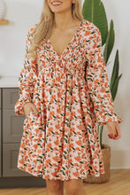 Load image into Gallery viewer, Beige Floral Deep V Neck Smocked Bust Bubble Sleeve Babydoll Dress
