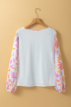 Load image into Gallery viewer, White Tropical Leaf Printed Patchwork Sleeve Round Neck Top
