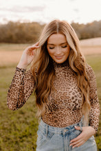 Load image into Gallery viewer, Brown Leopard Smocked Neck Mesh Long Sleeve Bodysuit
