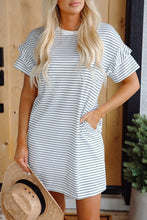 Load image into Gallery viewer, White Stripe Ruffled Short Sleeve Crew Neck T Shirt Shift Mini Dress
