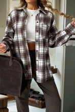 Load image into Gallery viewer, Dark Brown Flanel Plaid Single Chest Pocket Boyfriend Shacket

