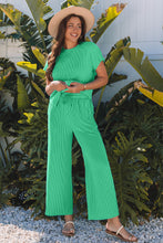 Load image into Gallery viewer, Bright Green Solid Corded Knit Short Sleeve T Shirt and Wide Leg Pants Set
