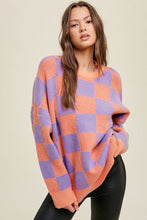 Load image into Gallery viewer, Grapefruit Orange Checkered Pattern Ribbed Trim Knit Baggy Sweater
