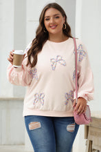 Load image into Gallery viewer, Parchment Embroidered Bow Lantern Sleeve Oversized Pullover Sweatshirt
